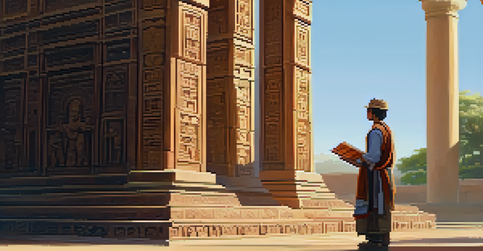 A traveler observing an ancient temple with detailed carvings, holding a guidebook, illuminated by warm afternoon sunlight.