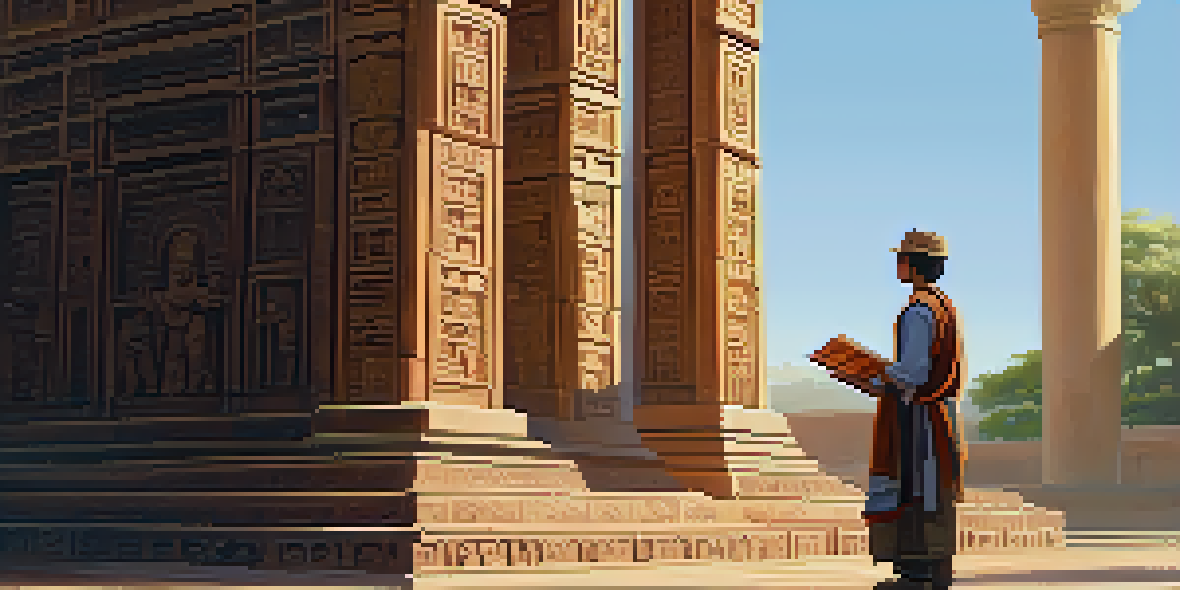 A traveler observing an ancient temple with detailed carvings, holding a guidebook, illuminated by warm afternoon sunlight.