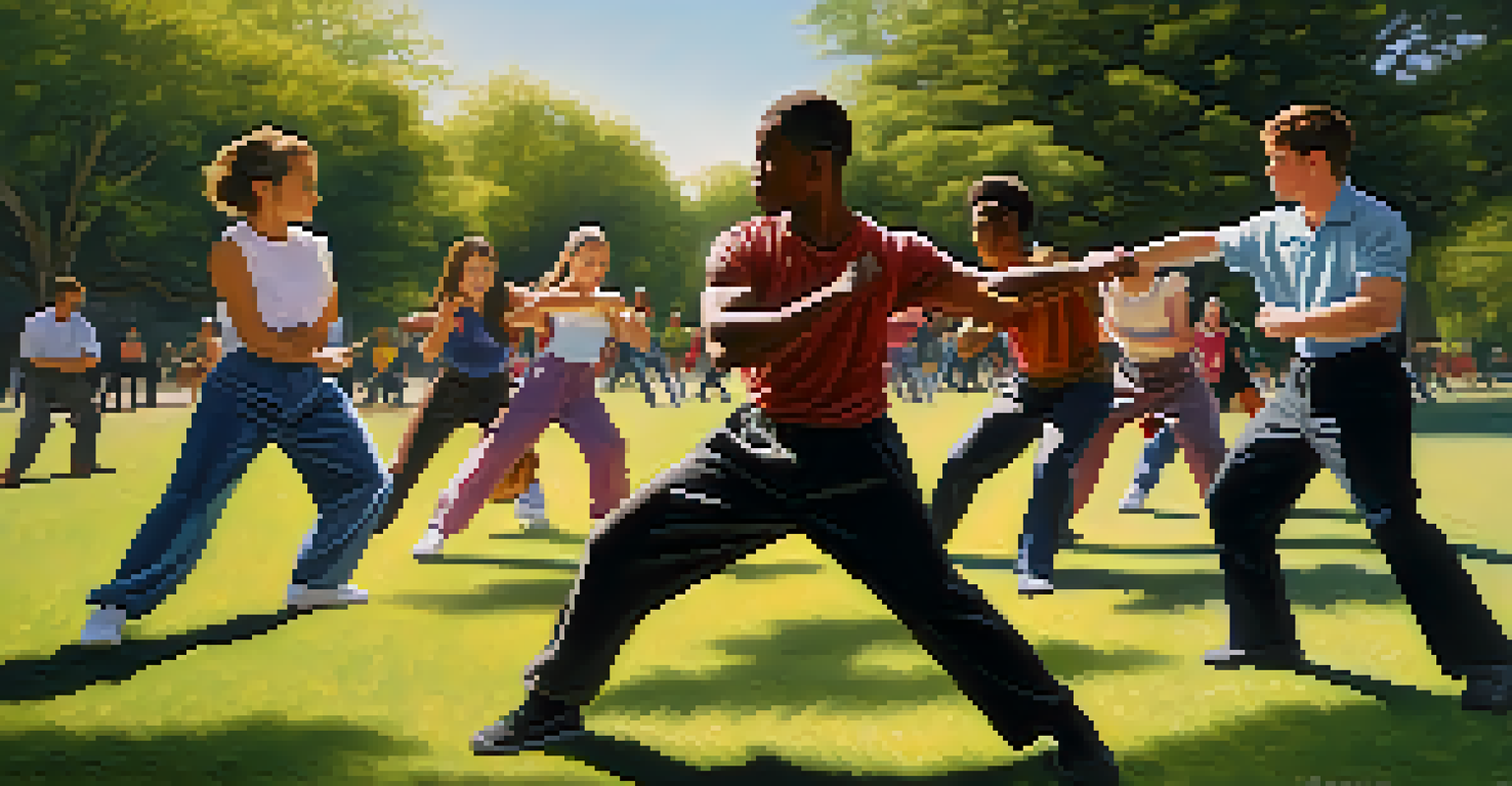 A diverse group practicing self-defense in a park, with one person demonstrating an elbow strike, showcasing focus and teamwork.