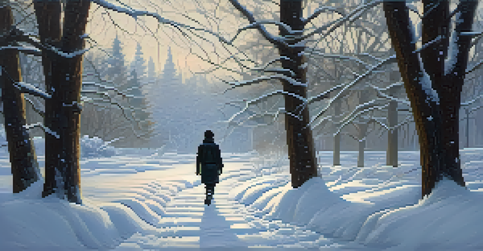 A person practicing self-defense techniques in a snowy landscape with falling snowflakes and snow-covered trees.