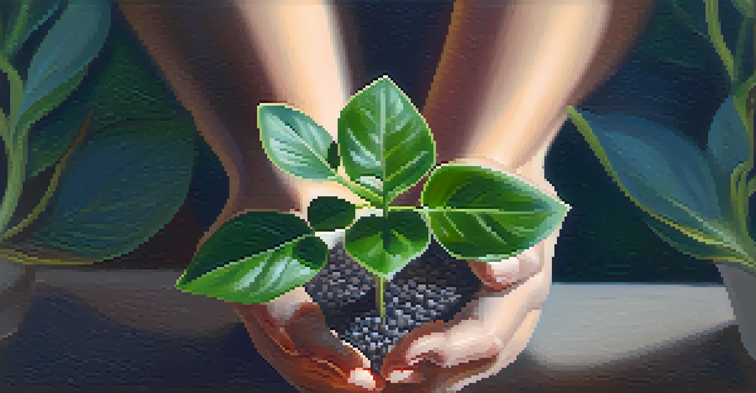 Close-up of hands holding a small plant, representing growth and emotional intelligence.