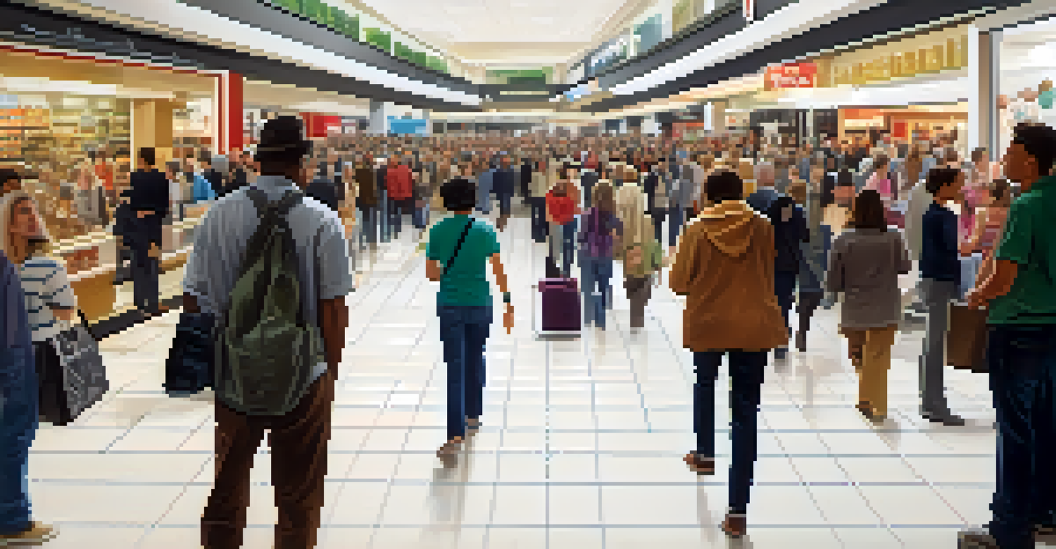 A person standing in a crowded shopping mall, looking around thoughtfully, with visible exits and entrances.