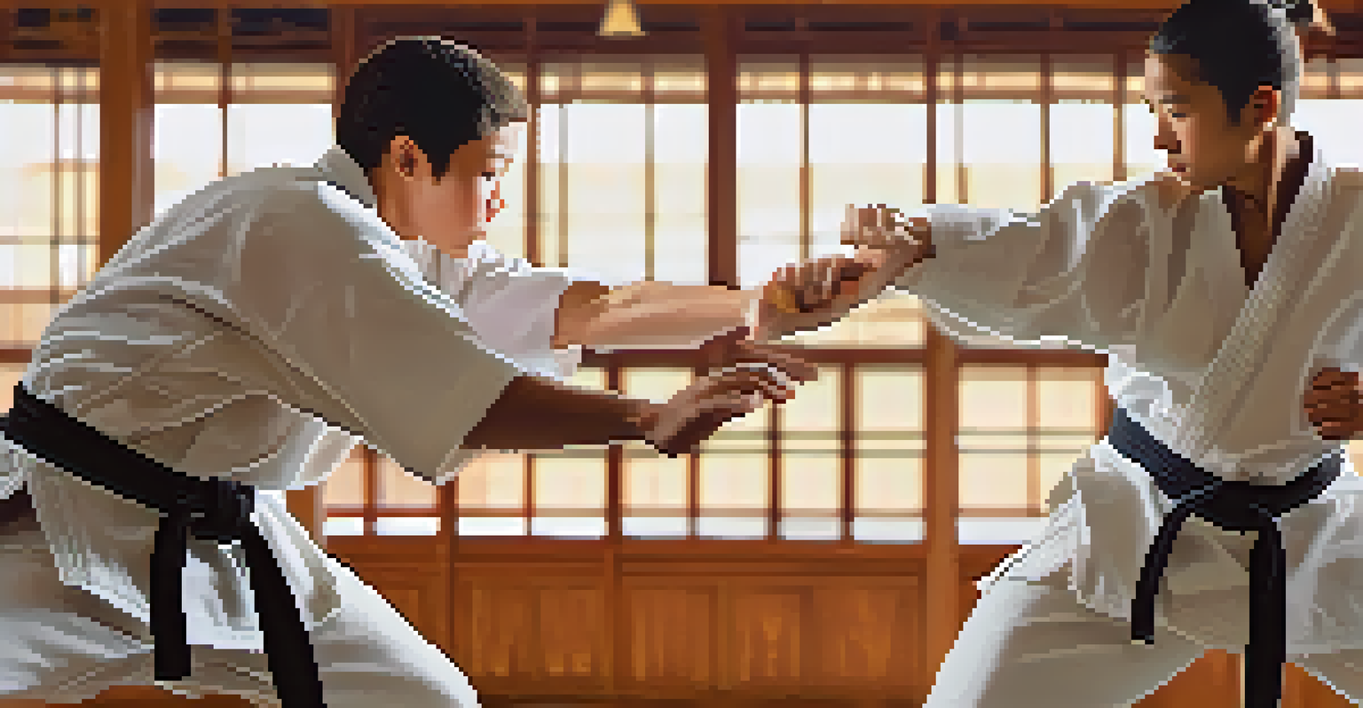 A close-up of two students practicing a self-defense technique, highlighting their teamwork and concentration.