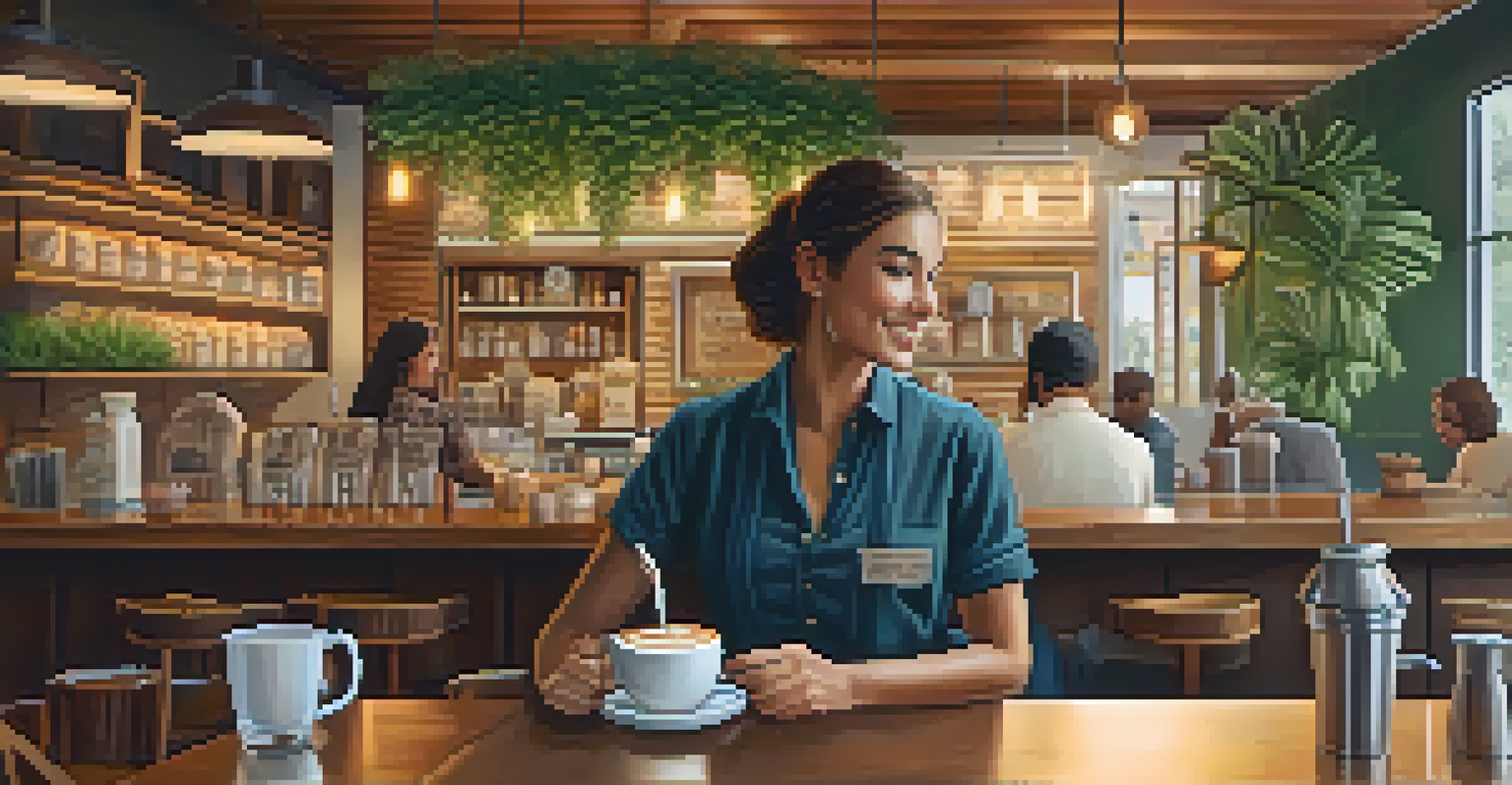 A coffee shop with a barista making latte art, surrounded by warm lighting and engaged customers.