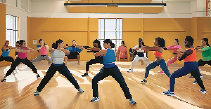 A diverse group of people practicing self-defense techniques in a gym, showing empowerment and community.