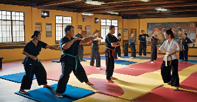 A diverse group of individuals practicing self-defense in a dojo, with an instructor demonstrating a technique to a student.
