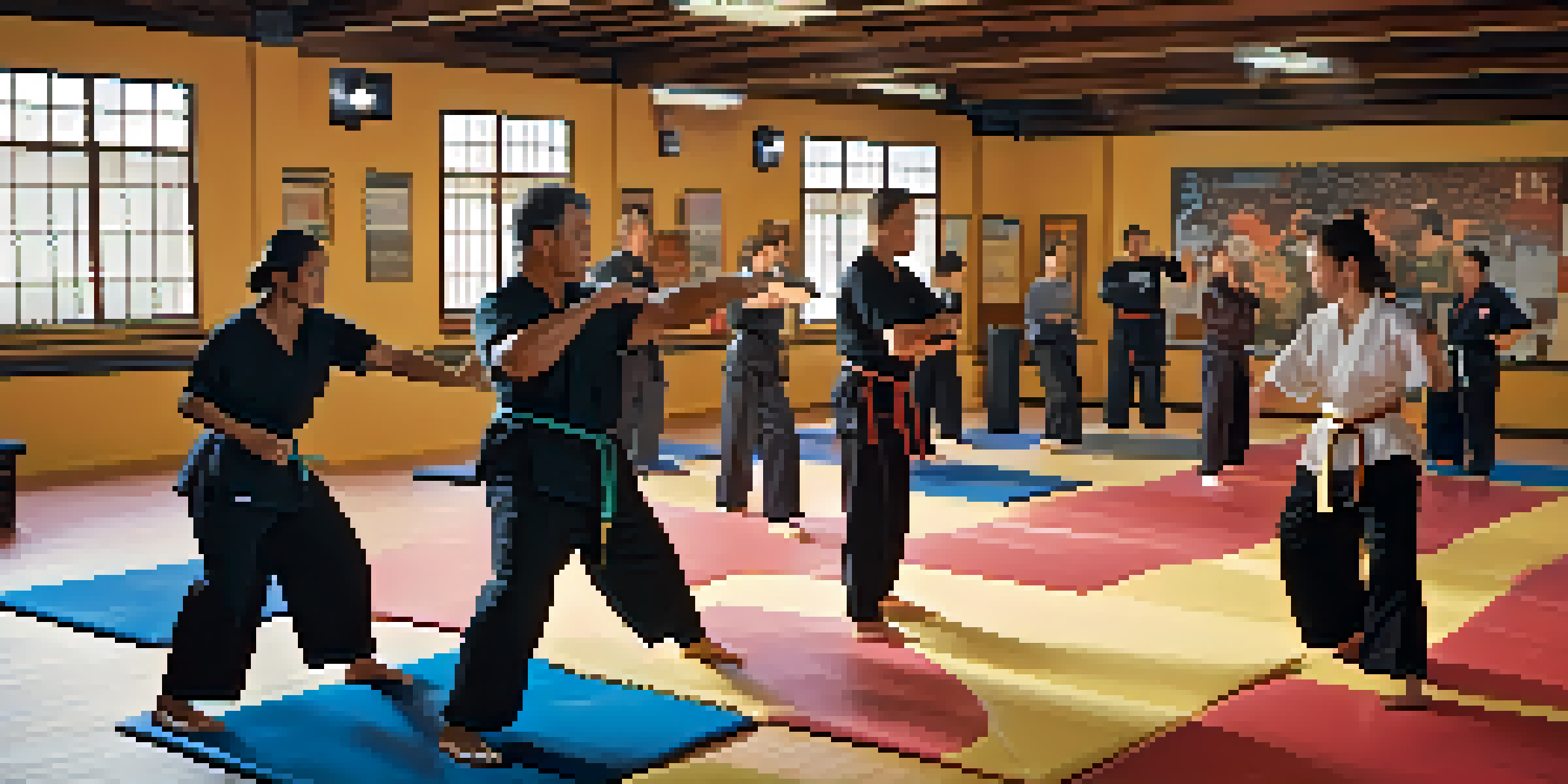 A diverse group of individuals practicing self-defense in a dojo, with an instructor demonstrating a technique to a student.