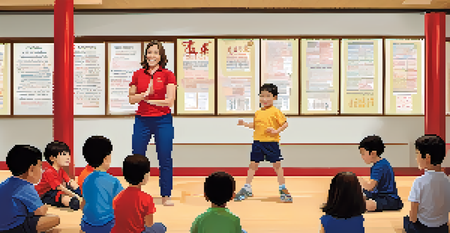 An instructor teaching children in a self-defense class, highlighting leadership and communication in a colorful dojo.