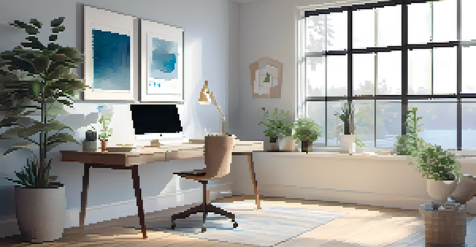 A bright and inviting home office with a desk, computer, and potted plant, designed for productivity.