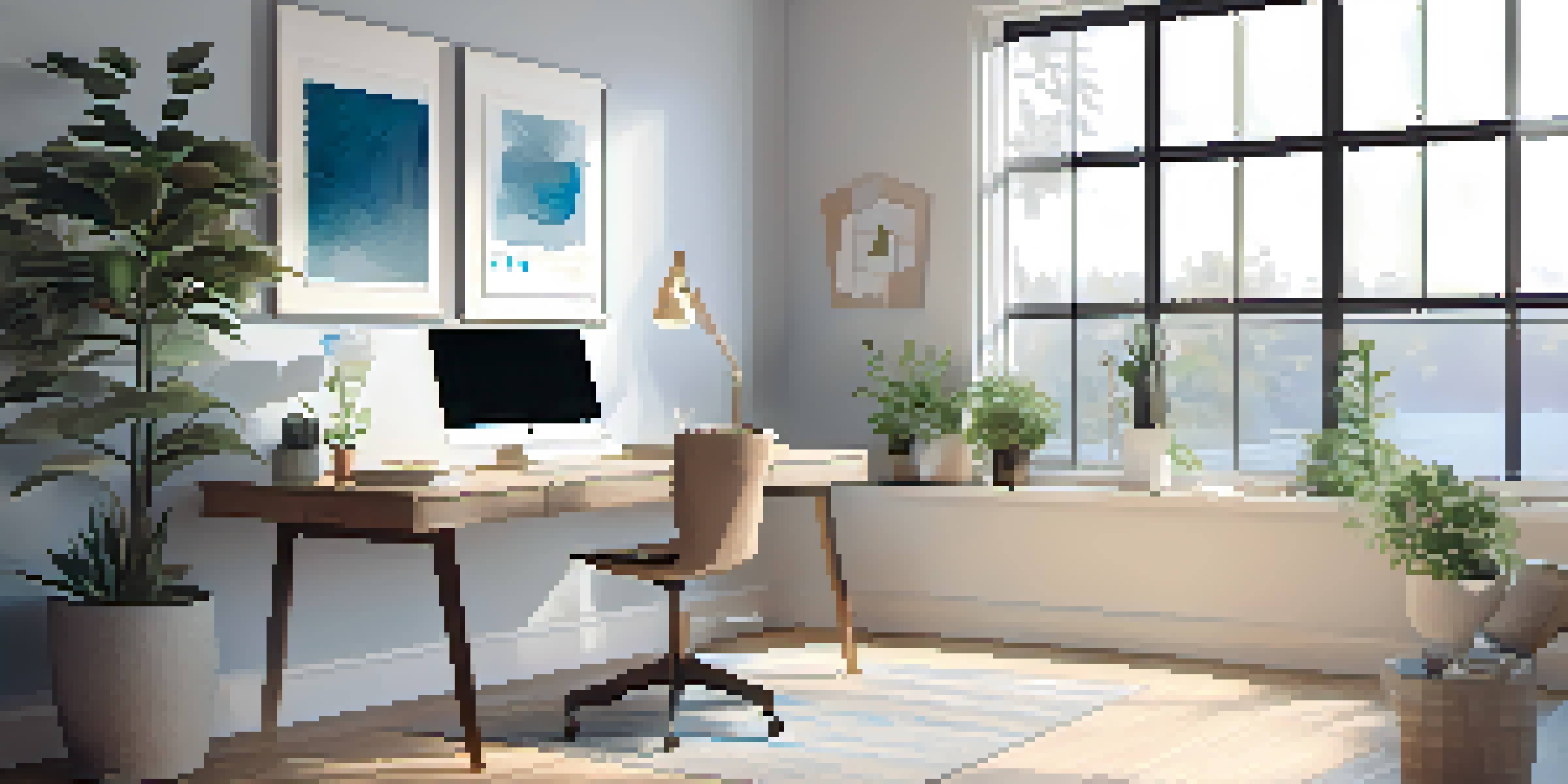 A bright and inviting home office with a desk, computer, and potted plant, designed for productivity.