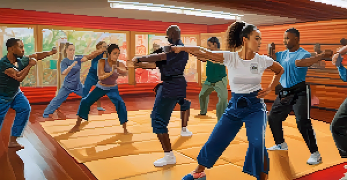 A group of diverse individuals practicing self-defense techniques in a bright gym, with mats and motivational posters in the background.