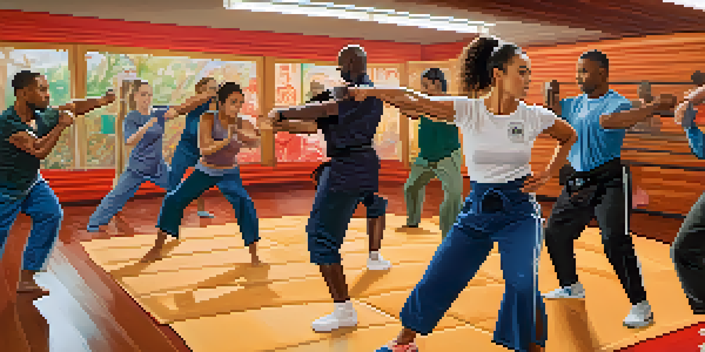 A group of diverse individuals practicing self-defense techniques in a bright gym, with mats and motivational posters in the background.
