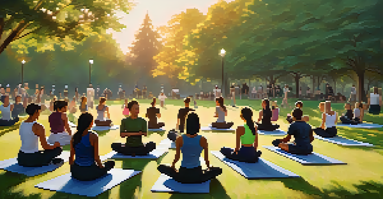 Outdoor self-defense class in a park at sunset, with participants practicing techniques surrounded by nature.