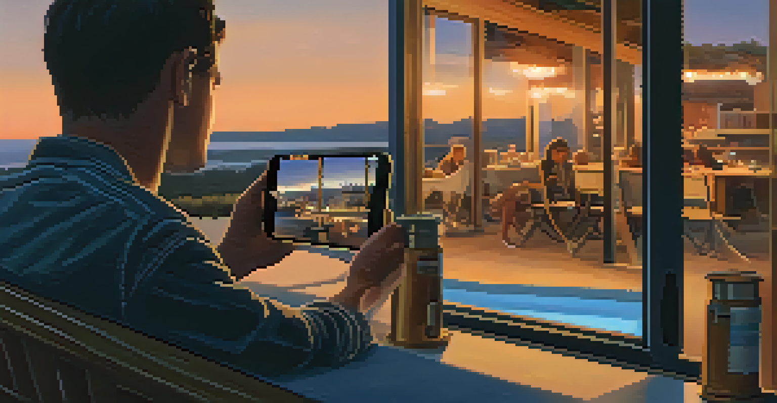 A person outdoors at dusk, using a smartphone with a safety app, showing an alert being sent.