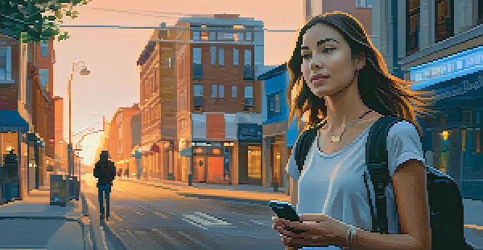 A young woman walking confidently down a city street at dusk, looking at her smartphone with a personal safety app open.
