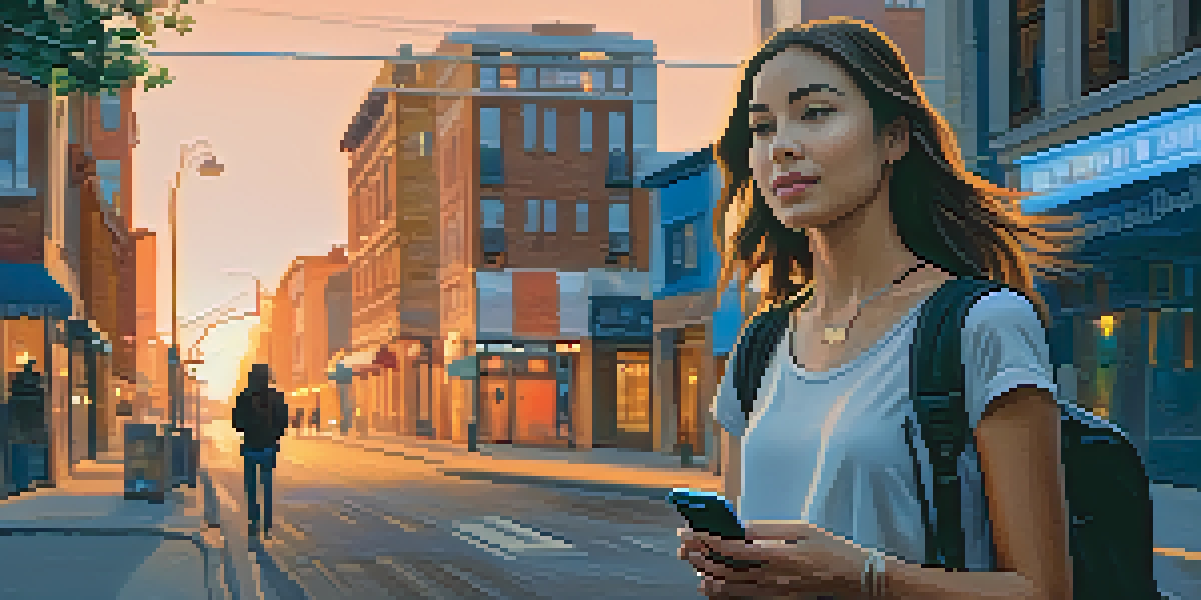 A young woman walking confidently down a city street at dusk, looking at her smartphone with a personal safety app open.