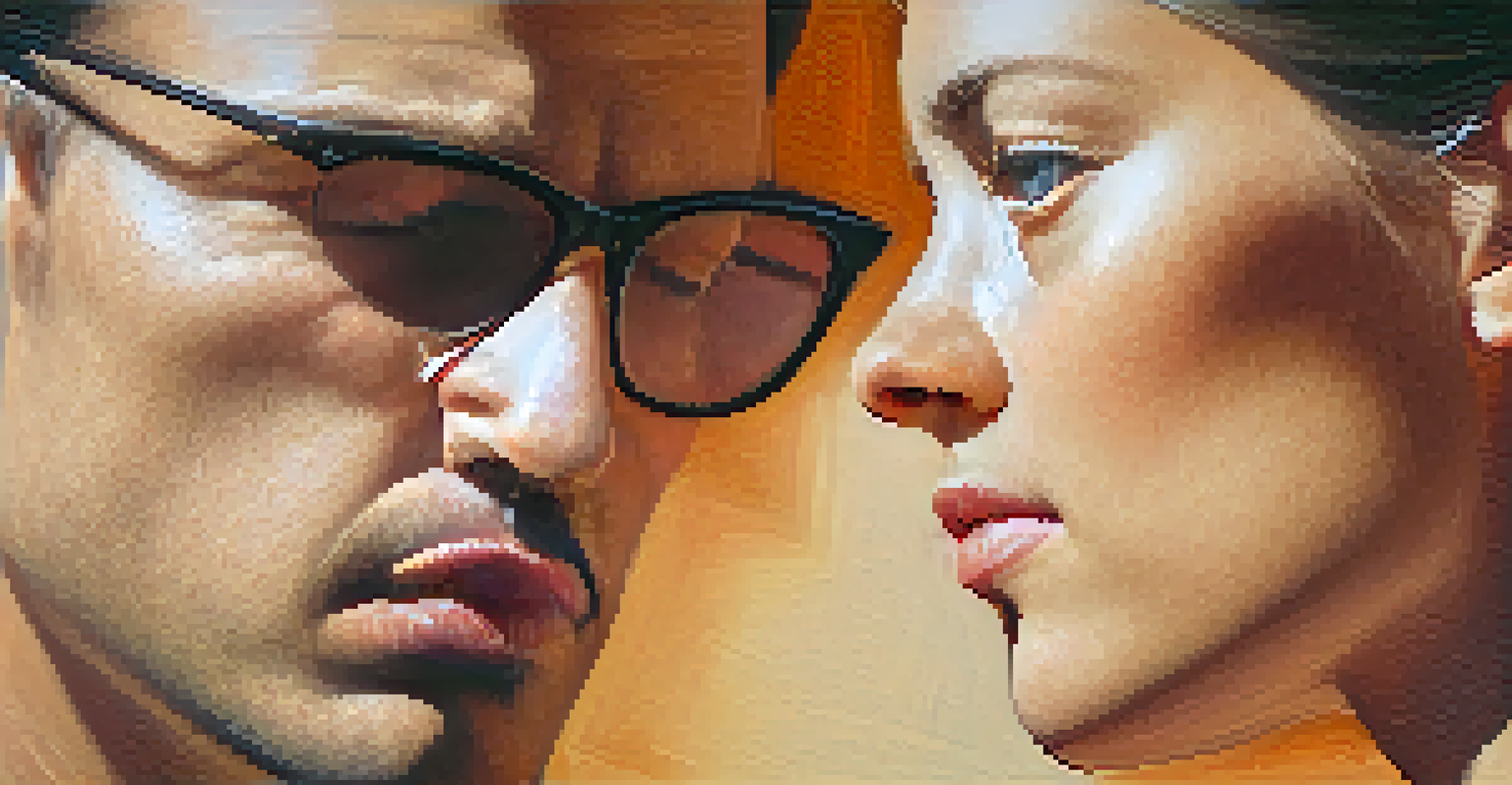 A close-up of two people in conversation, one actively listening and nodding, with gentle expressions in a softly blurred background.