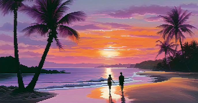 A serene beach at sunset with palm trees and a couple walking along the shore.
