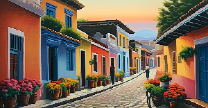 A couple walks through a colorful Latin American street at sunset, surrounded by colonial buildings and vibrant flowers.