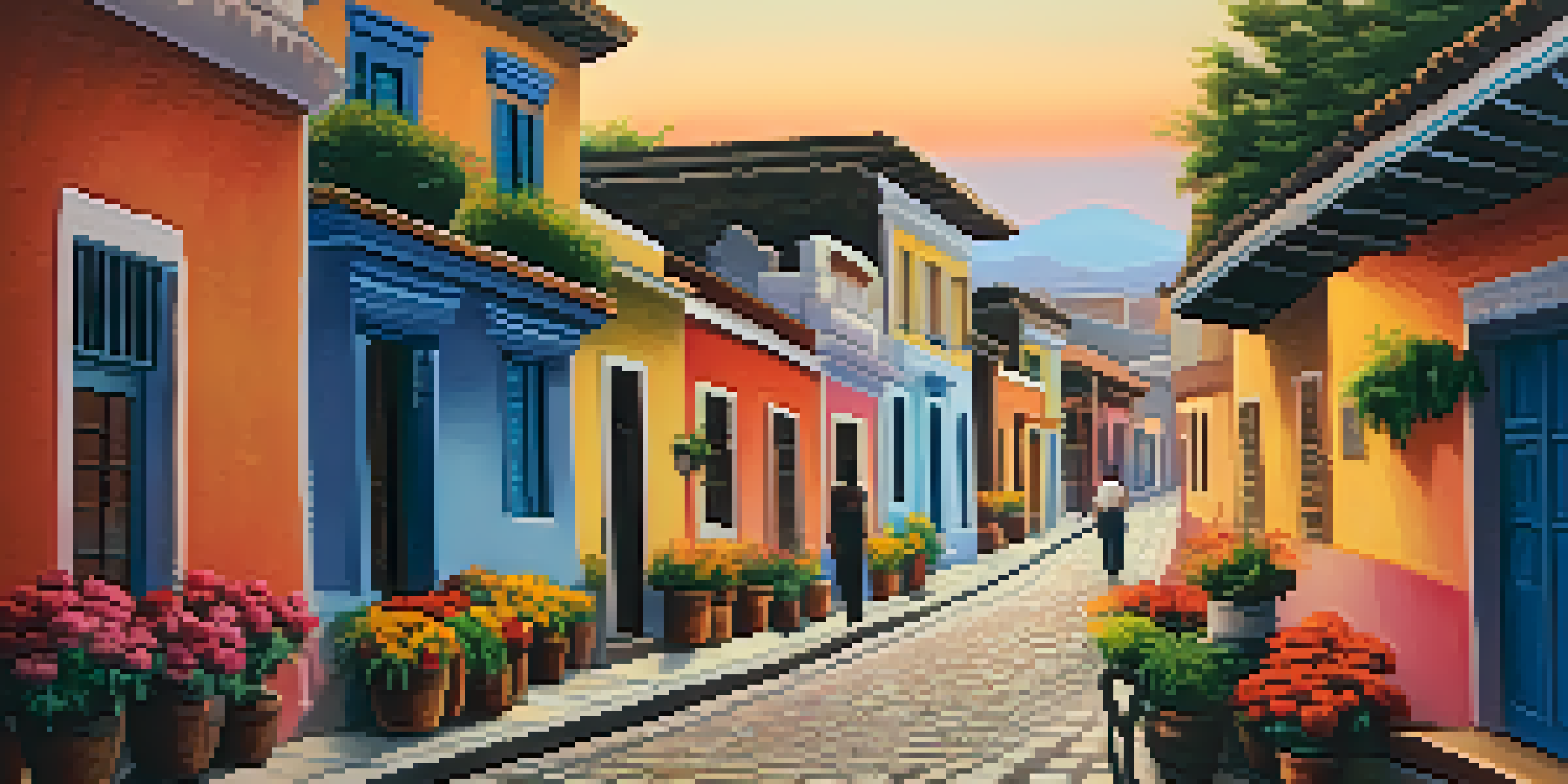 A couple walks through a colorful Latin American street at sunset, surrounded by colonial buildings and vibrant flowers.