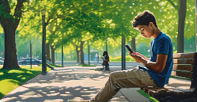 A young person sitting on a park bench with a thoughtful expression, looking at their smartphone amidst a peaceful park setting.