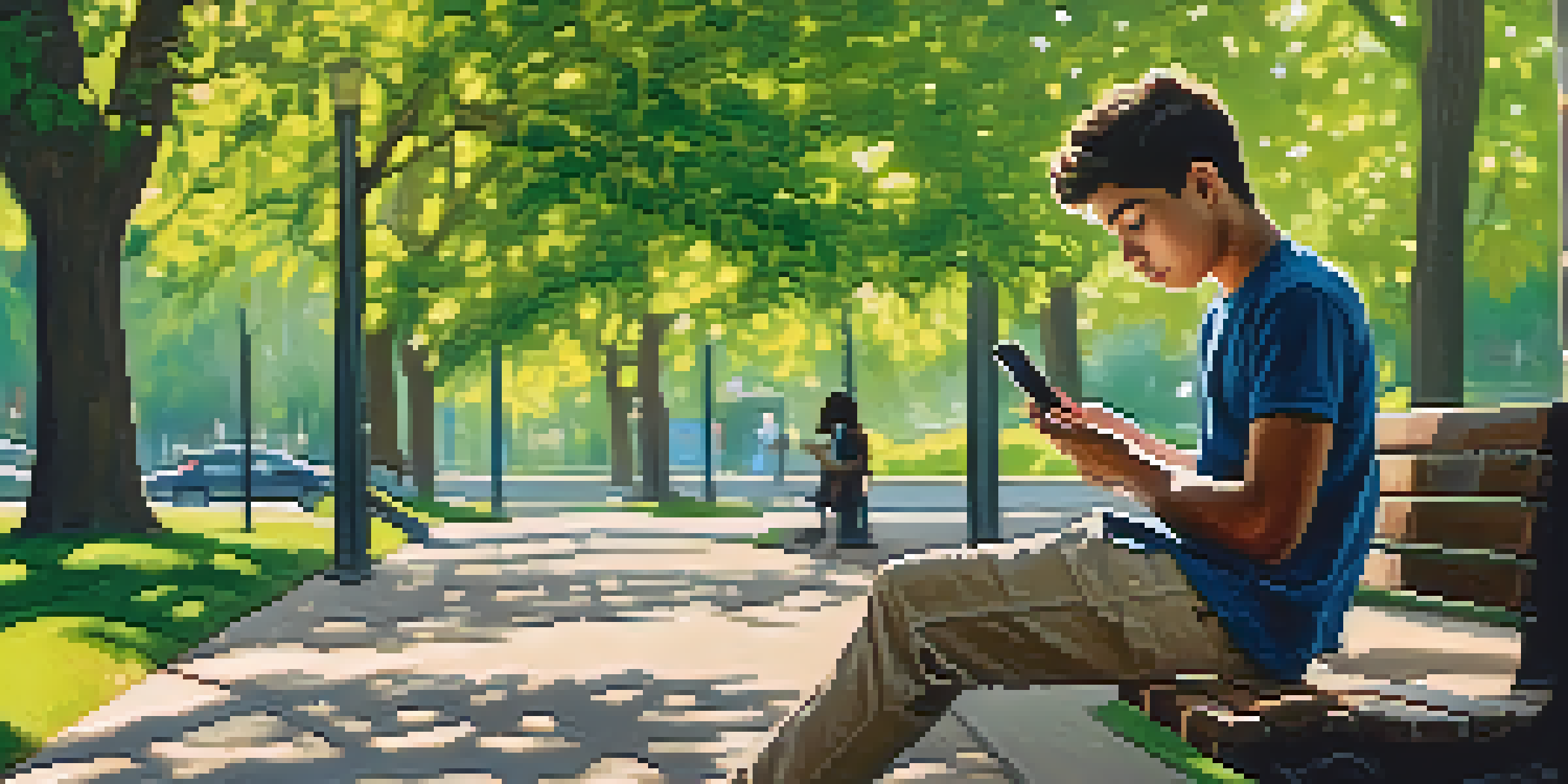 A young person sitting on a park bench with a thoughtful expression, looking at their smartphone amidst a peaceful park setting.