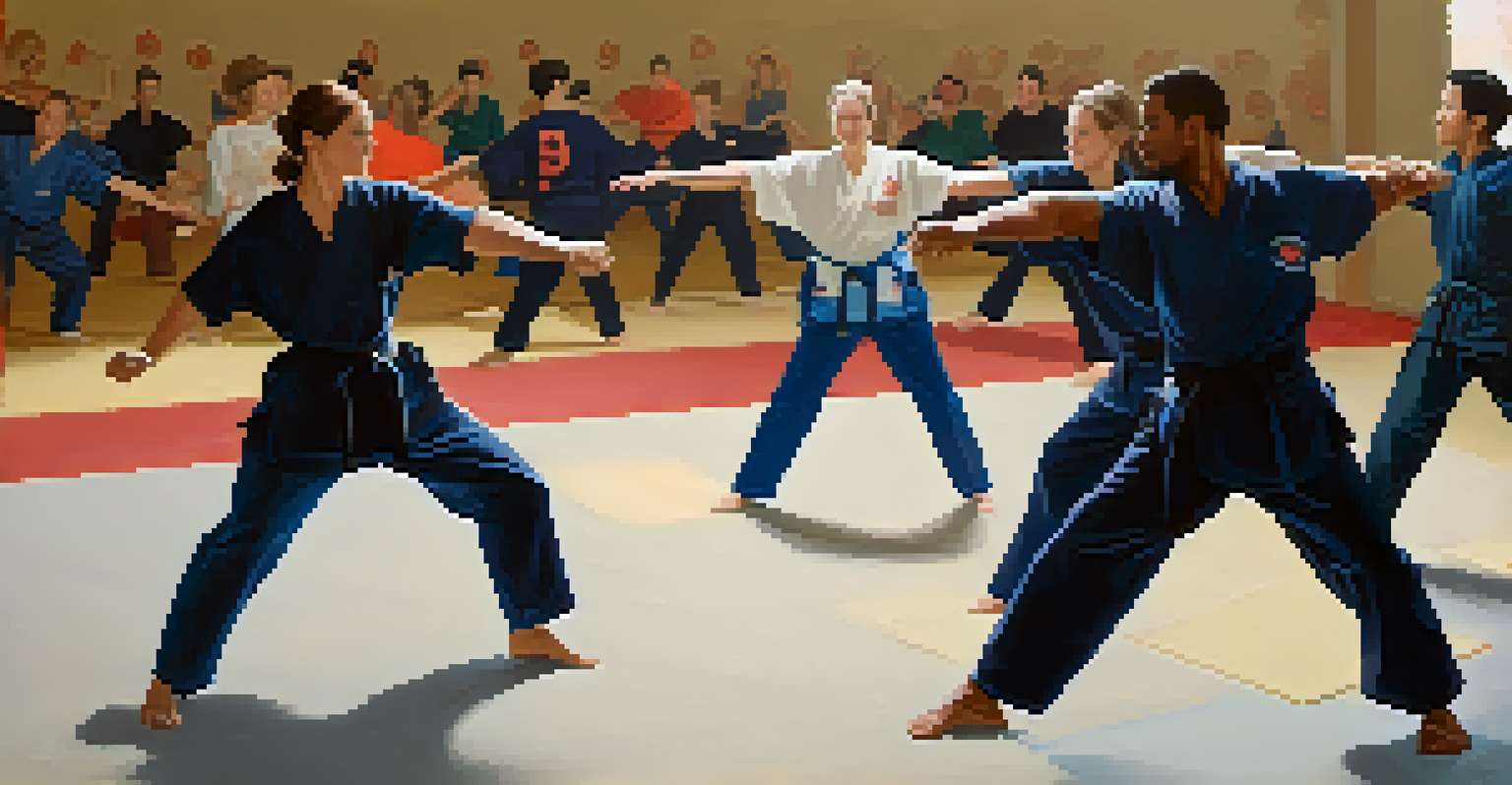 A group of participants practicing self-defense together, showcasing teamwork and encouragement in a supportive environment.