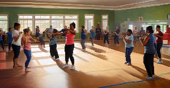 A diverse group of people practicing self-defense techniques in a community center, showcasing teamwork and empowerment.