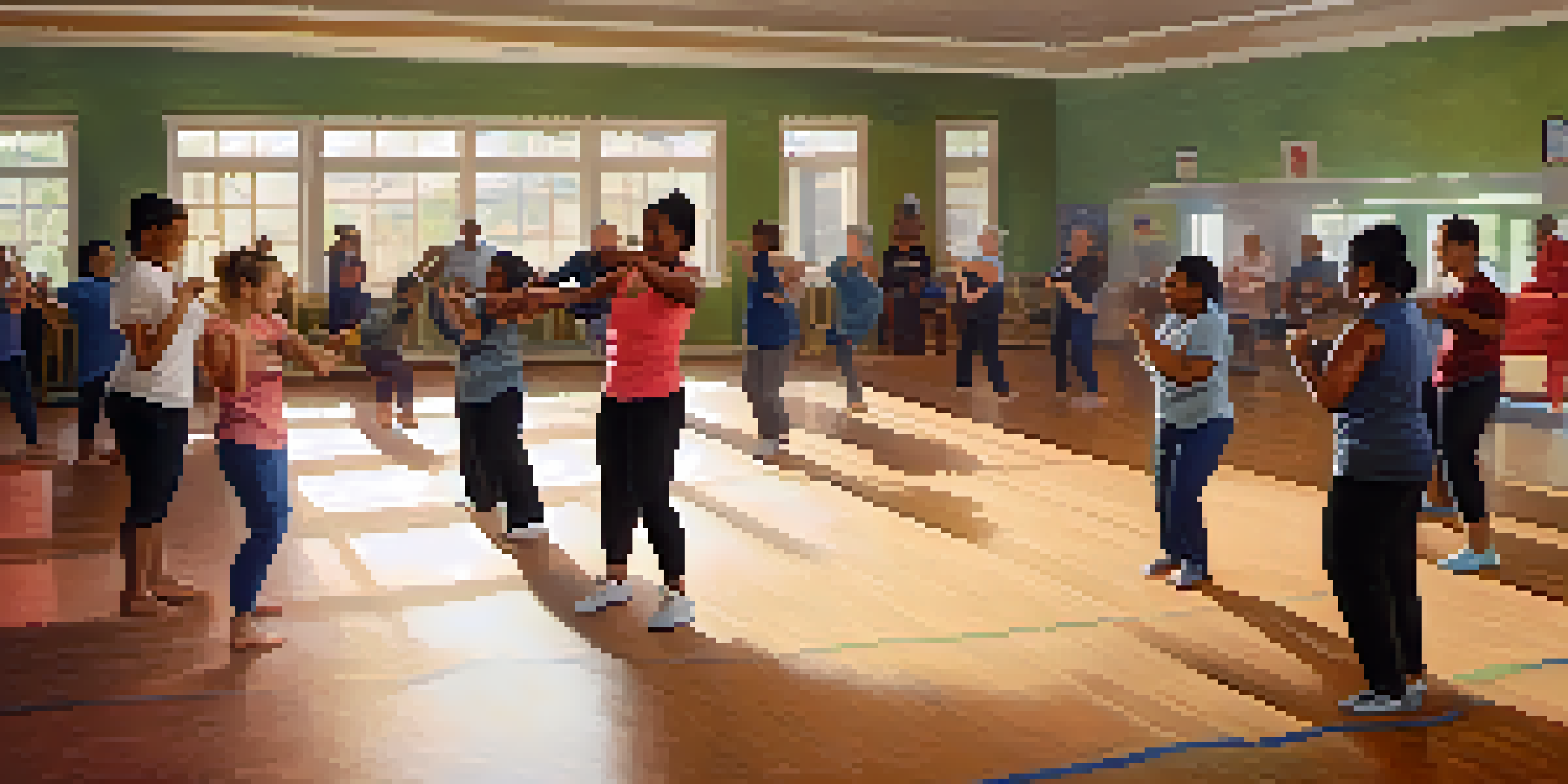 A diverse group of people practicing self-defense techniques in a community center, showcasing teamwork and empowerment.