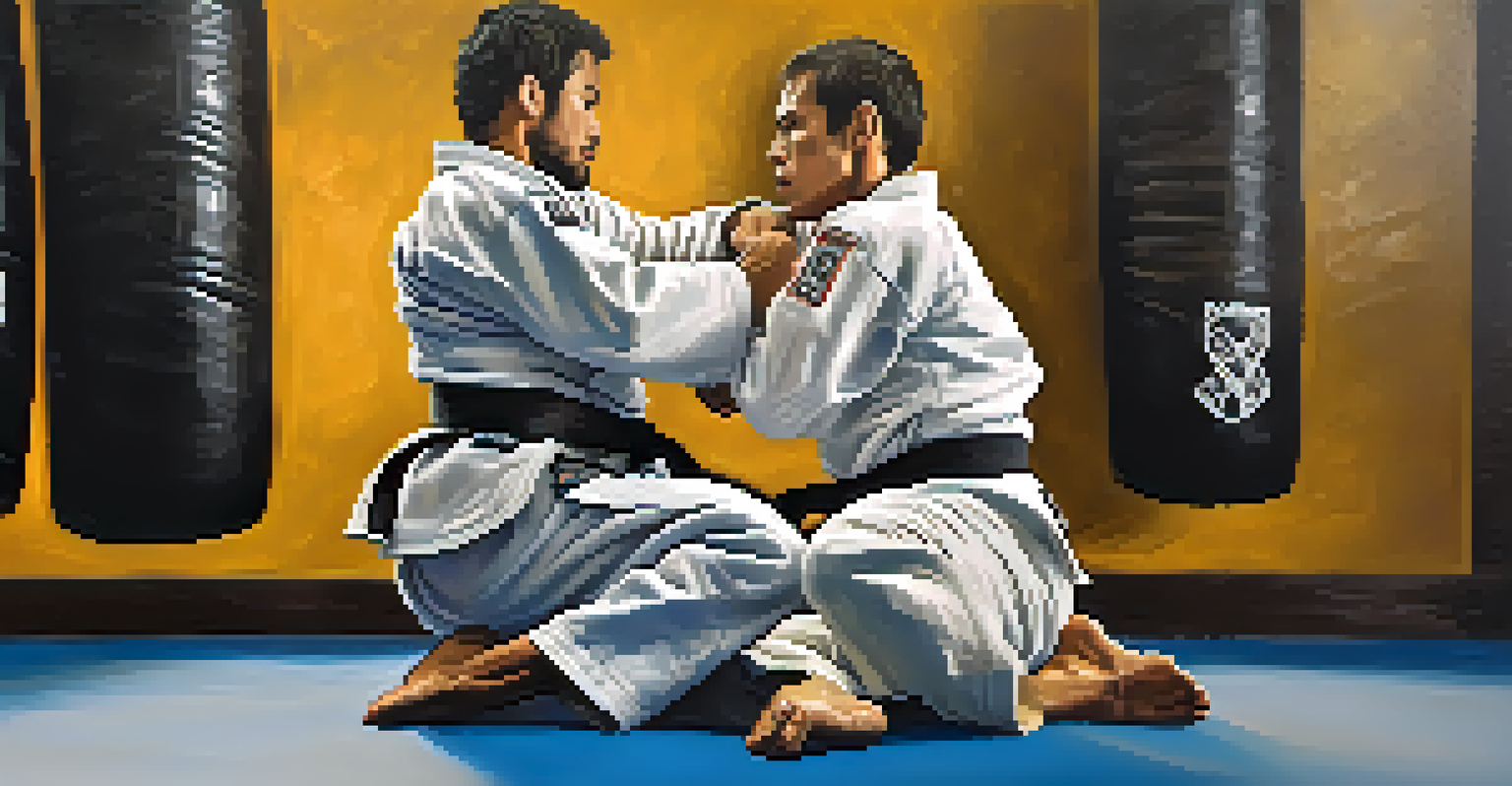 Two Brazilian Jiu-Jitsu practitioners practicing a kimura lock in a dojo.