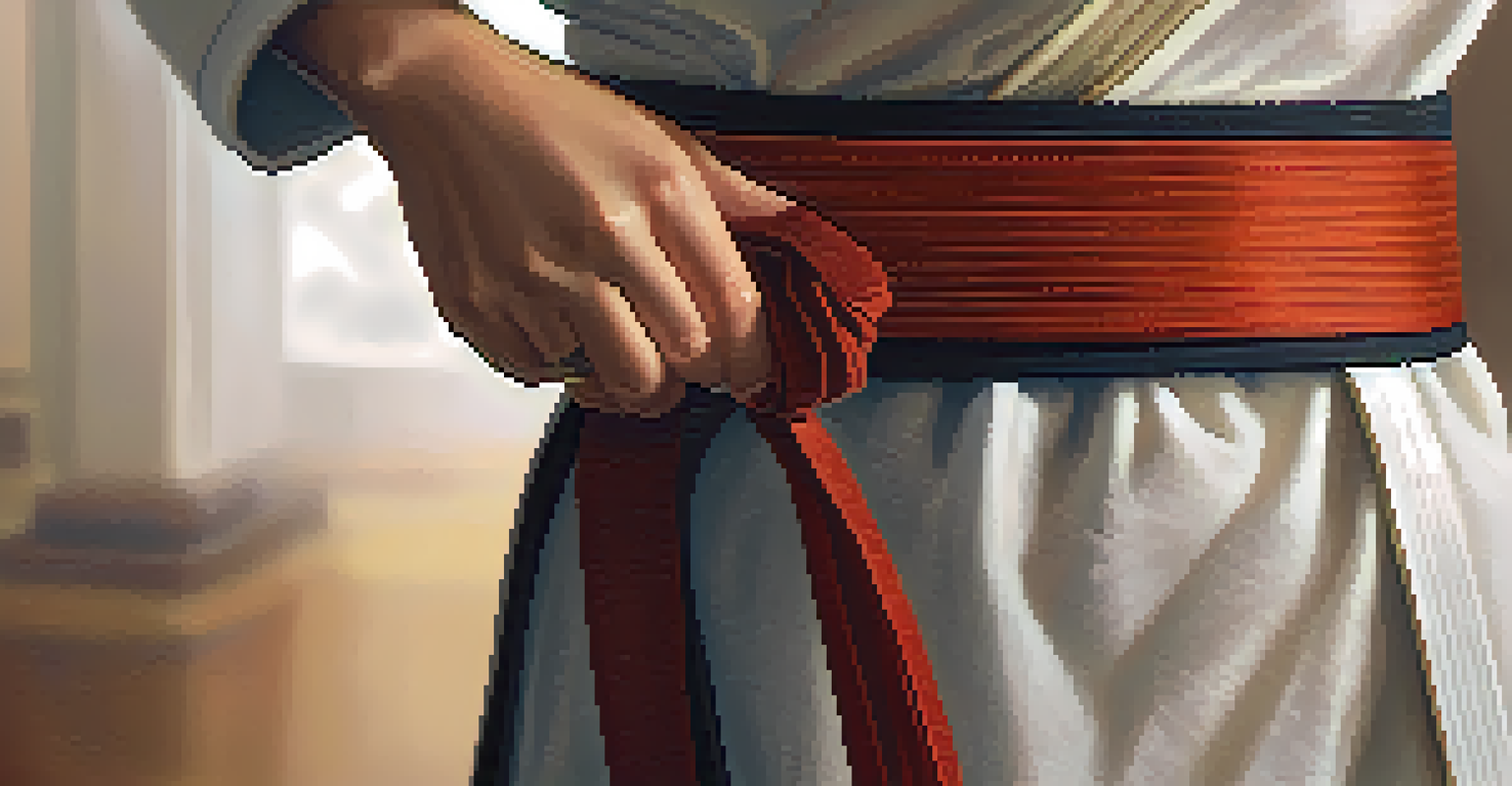 A close-up of a determined woman tying her martial arts belt, showcasing her focused expression and the details of her uniform in warm lighting.