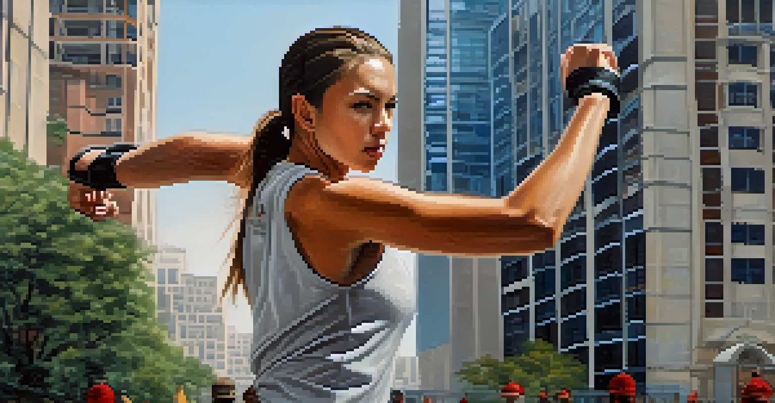 A determined woman practicing self-defense in an urban environment, showcasing her confidence against a backdrop of contemporary and traditional architecture.