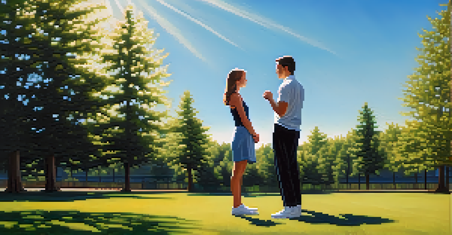 A close-up of a couple in a basic self-defense stance outdoors on grass, with trees and a blue sky in the background.