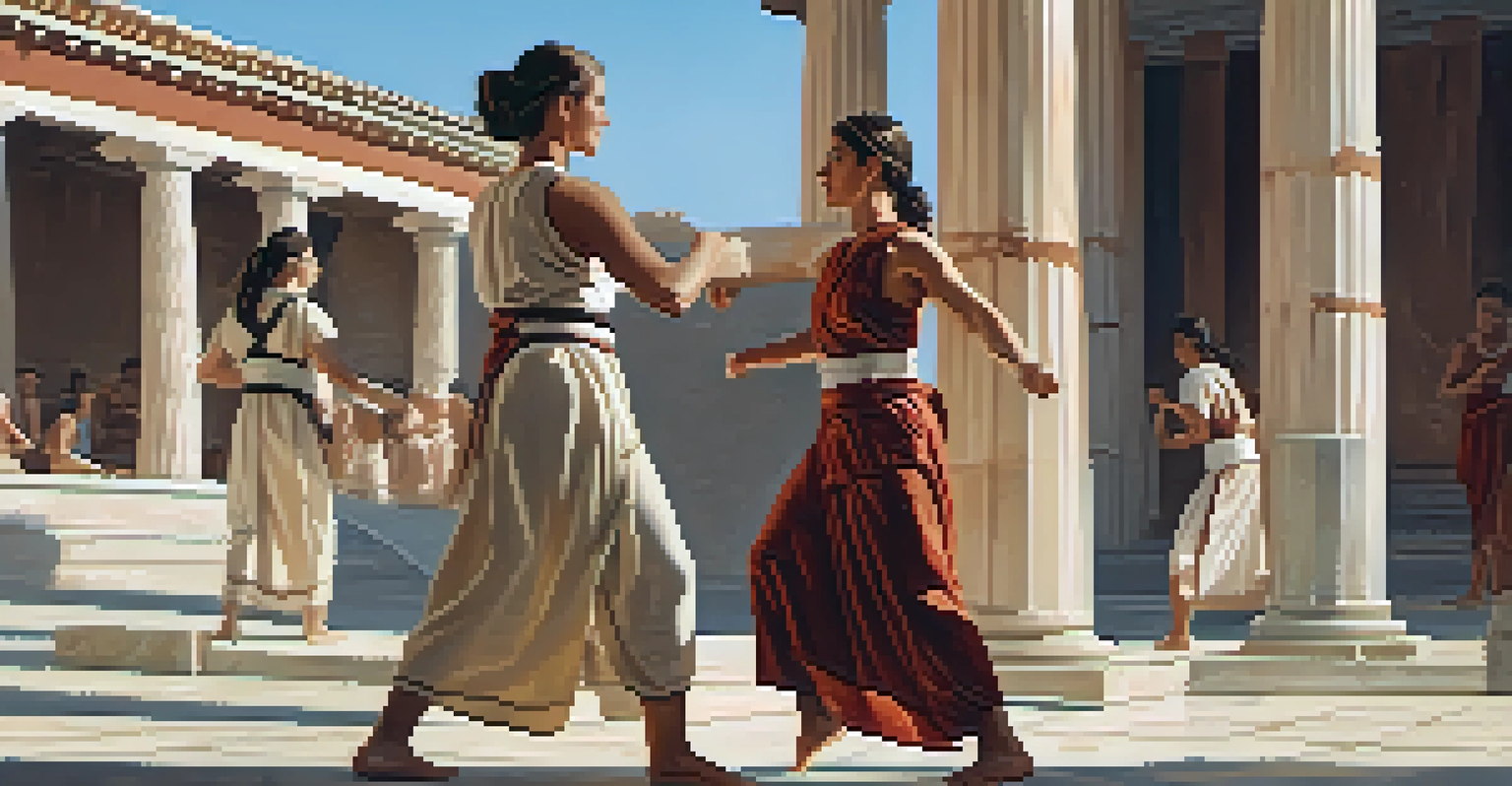 Ancient Greek women training in a courtyard, practicing martial arts with historical architecture in the background, highlighting strength and empowerment.