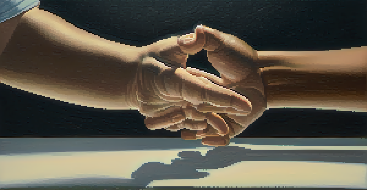 Close-up of two hands engaged in a calm communication exchange, highlighting empathy and understanding.