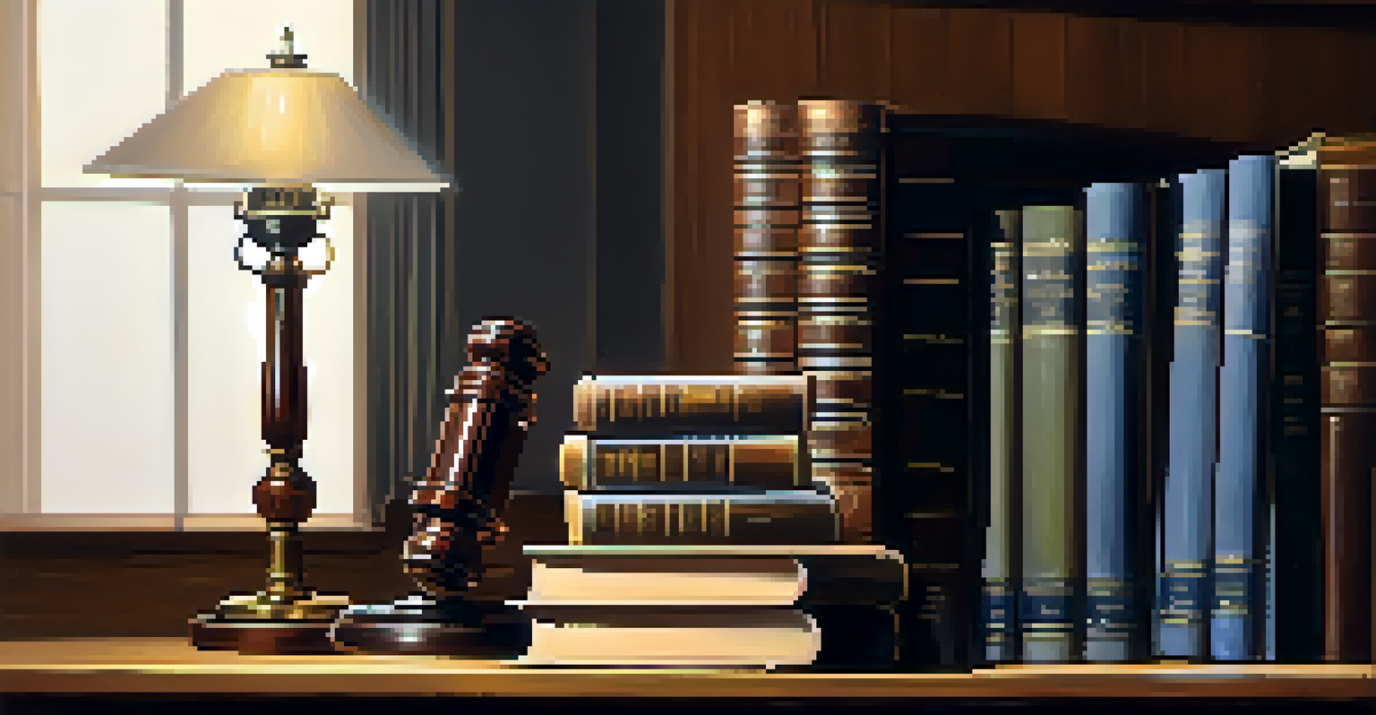 A close-up of law books and a gavel on a wooden desk, illuminated by a desk lamp.
