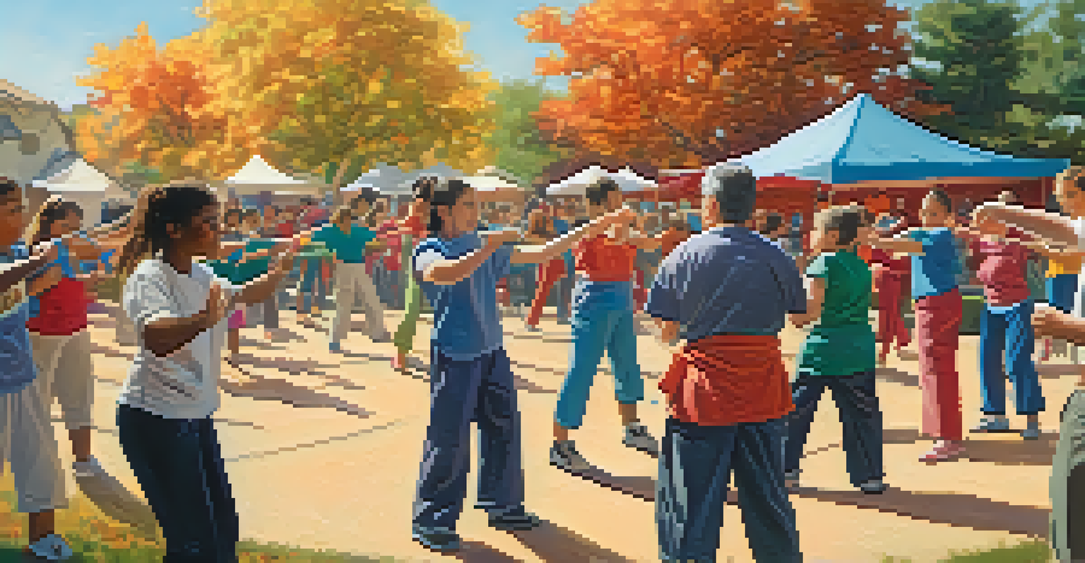 An outdoor self-defense workshop with families and children learning techniques from an instructor under a sunny sky.