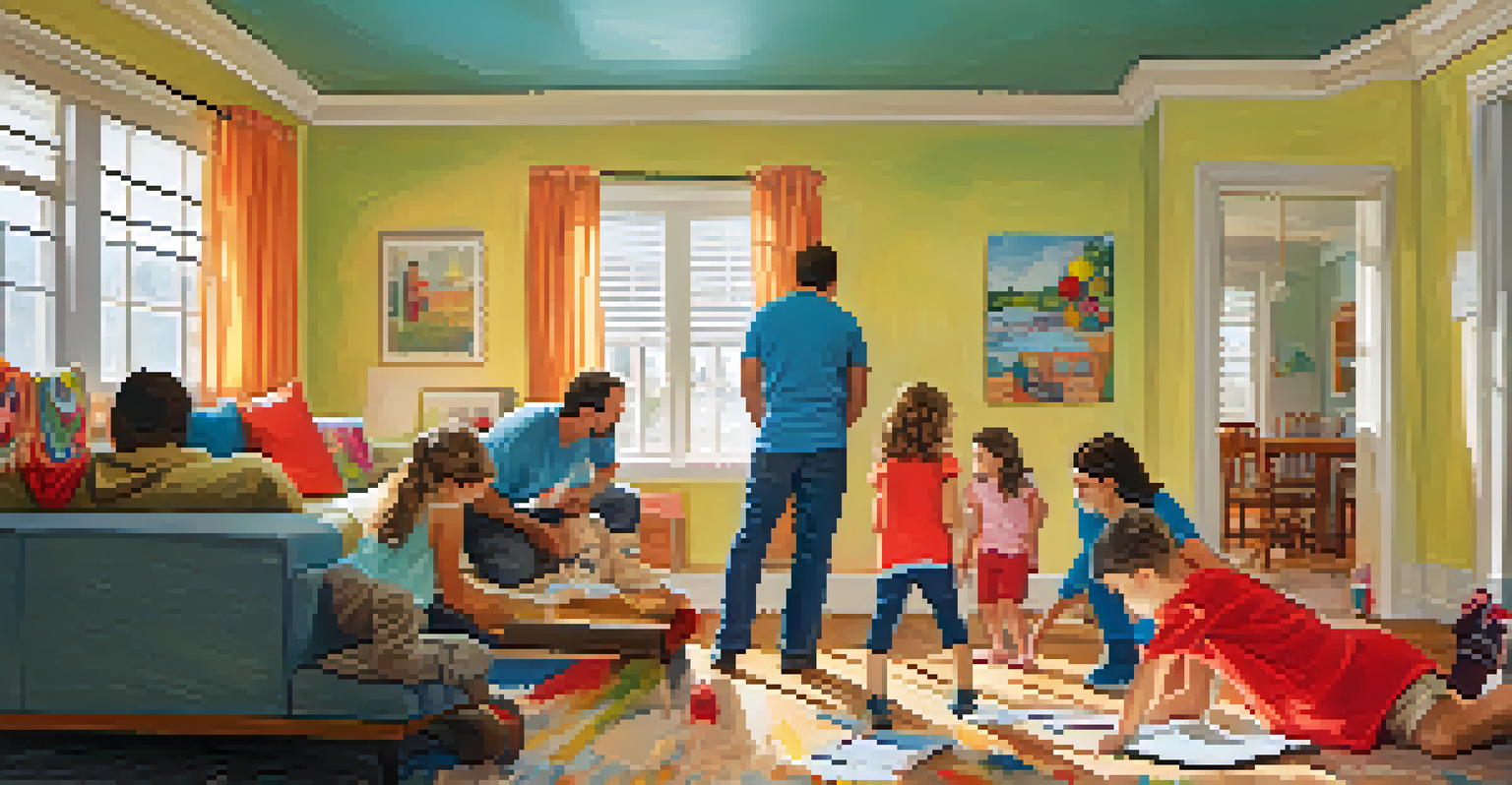 A family in a living room practicing an emergency drill, with a safety plan on the wall and the family looking focused.
