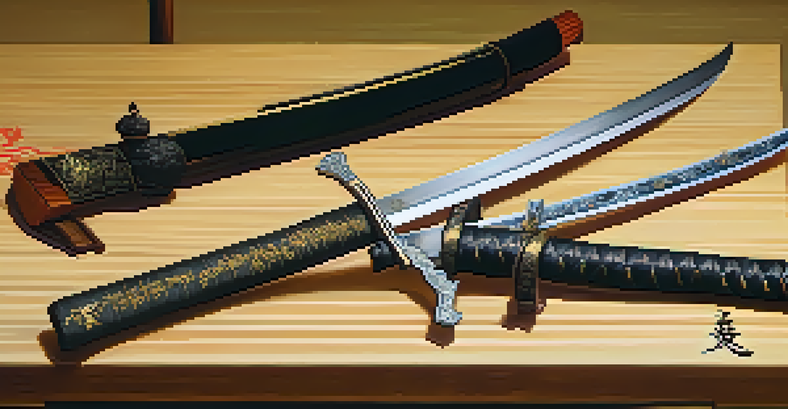 An antique katana and a shorter sword displayed on a wooden table with traditional Japanese calligraphy scrolls in the background.