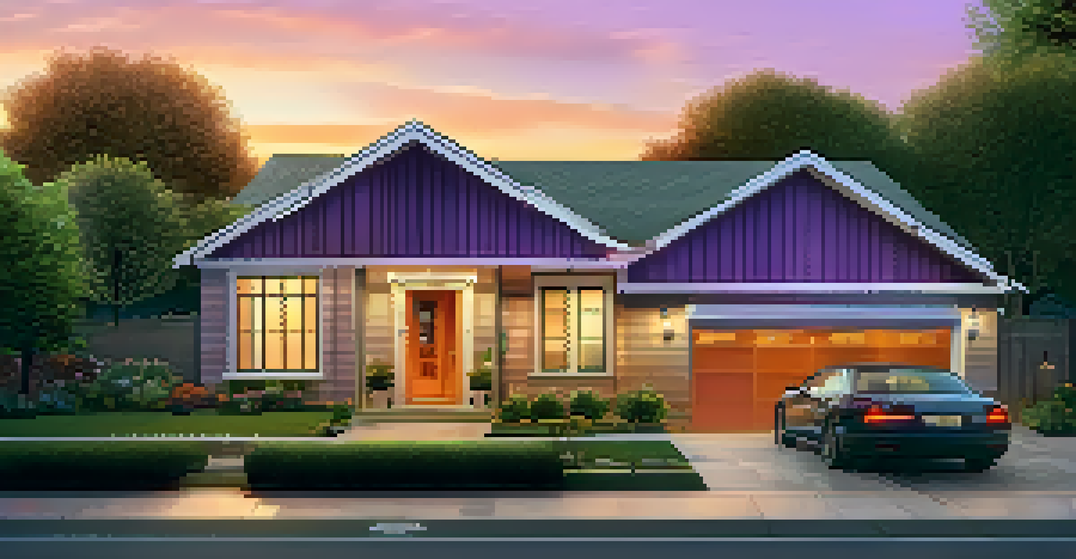 A modern home with smart security devices like a doorbell and camera, set against a sunset backdrop.