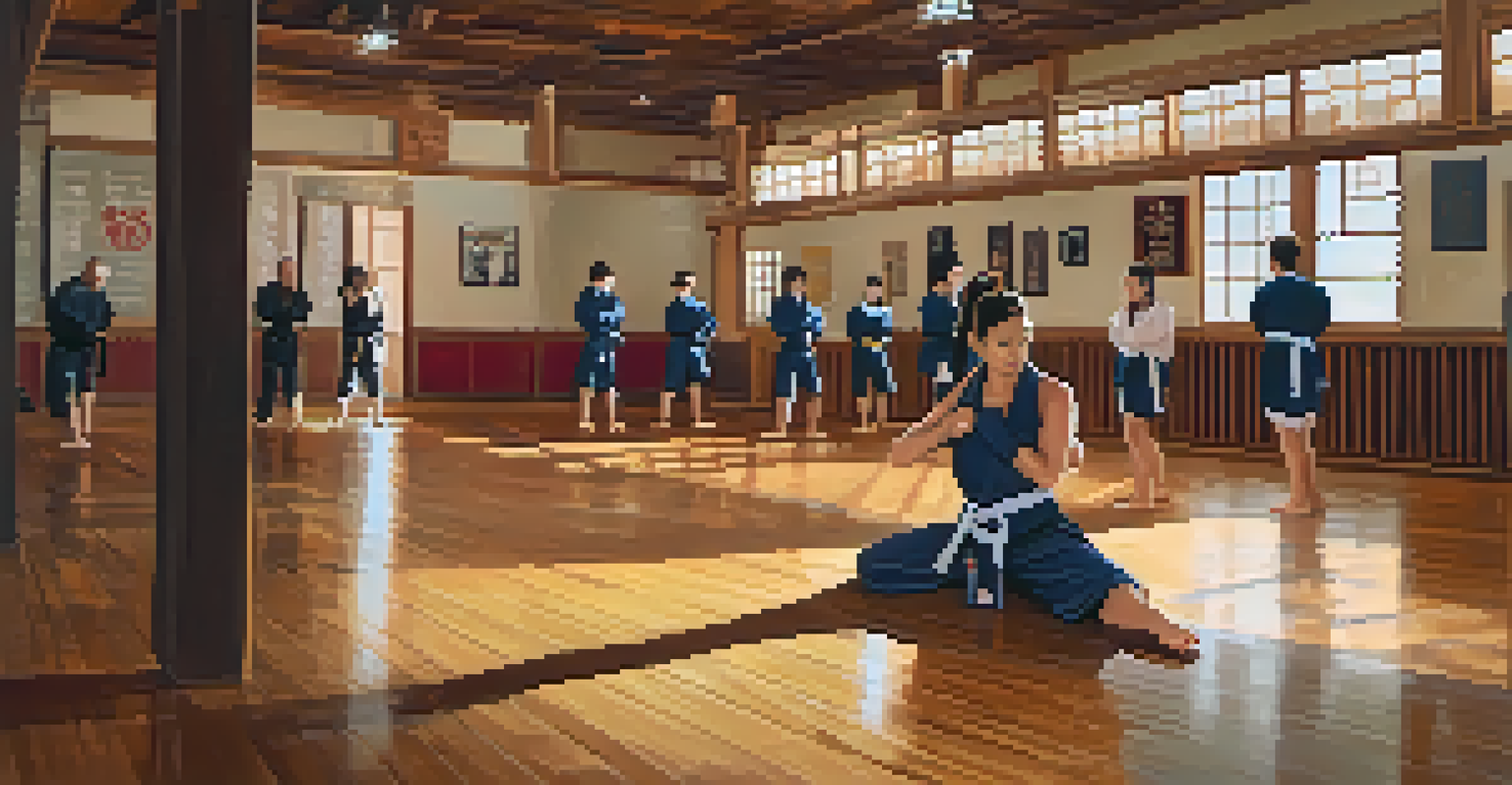 A female student practicing a knee strike in a bright dojo, with martial arts memorabilia in the background.