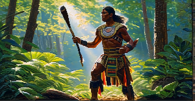 An ancient American warrior training in a forest clearing, practicing with a wooden club under dappled sunlight.