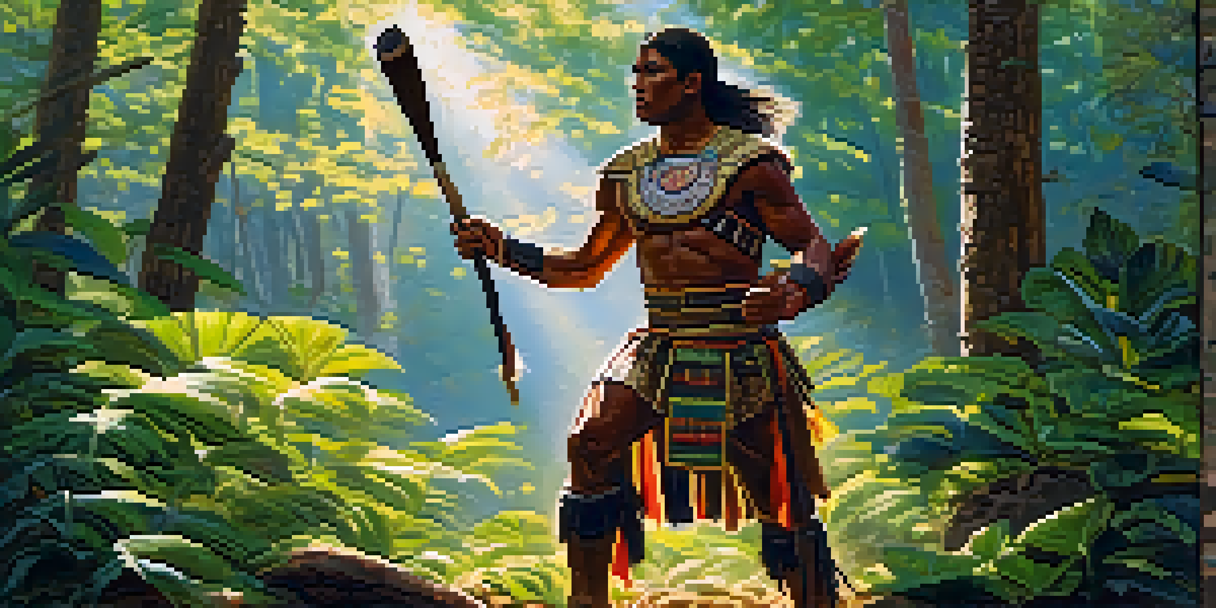 An ancient American warrior training in a forest clearing, practicing with a wooden club under dappled sunlight.