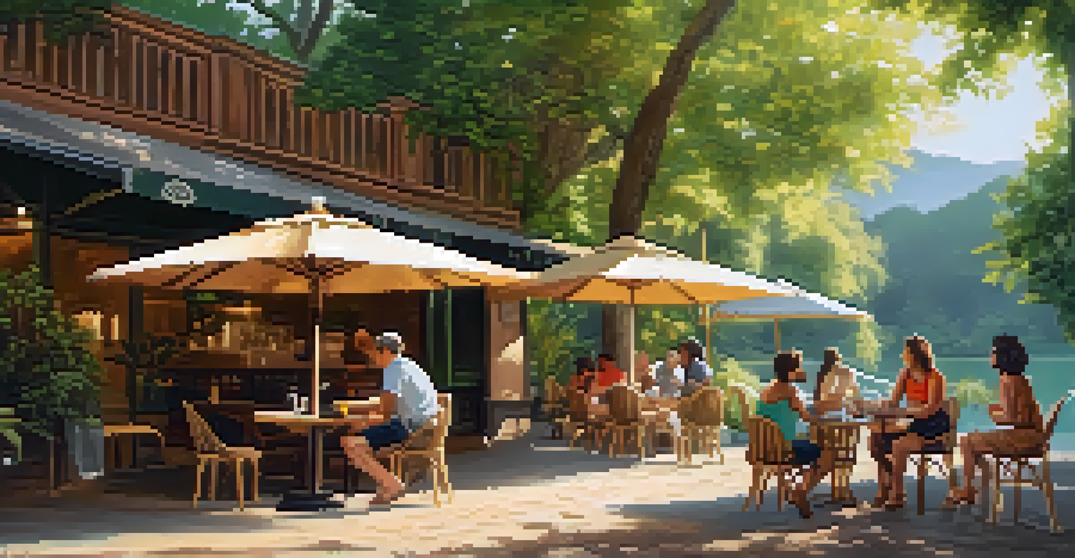 A traveler in an outdoor café setting, engaging with a local and practicing language skills, surrounded by greenery.