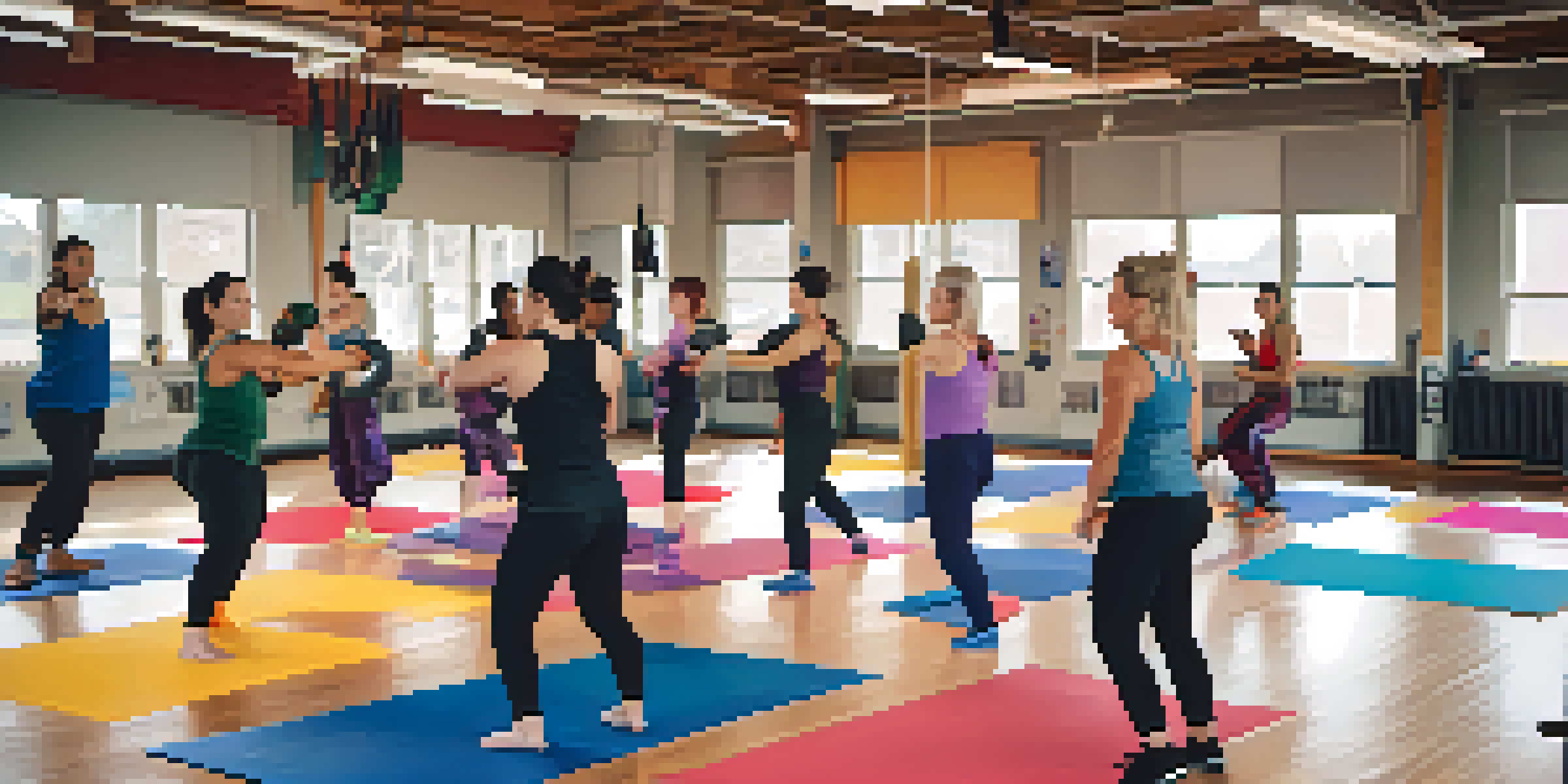 A group of women practicing self-defense techniques in a bright gym, showcasing determination and empowerment.