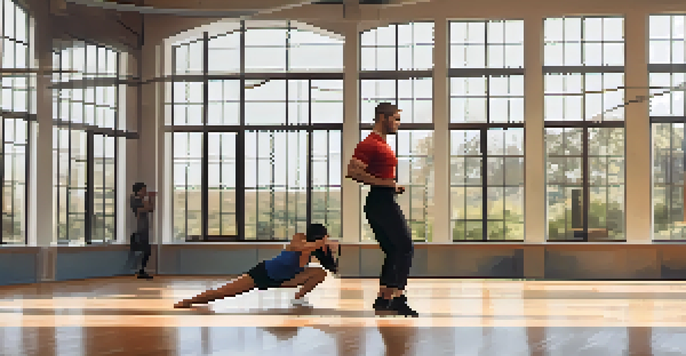 A couple training in a gym, practicing self-defense techniques together, with sunlight streaming through large windows.