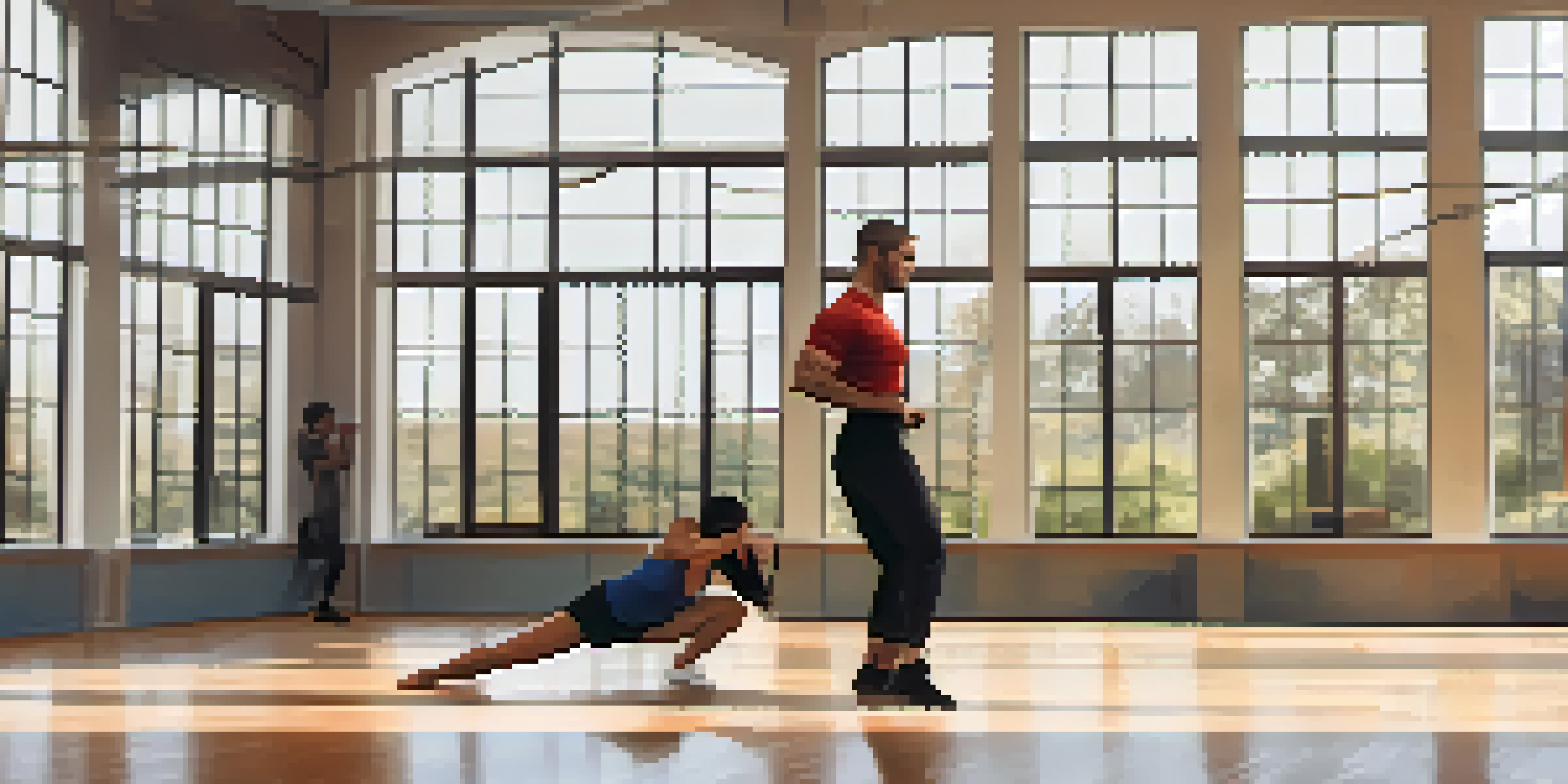 A couple training in a gym, practicing self-defense techniques together, with sunlight streaming through large windows.