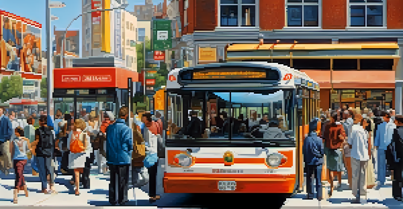 A city bus stop filled with diverse people waiting, with shops and pedestrians in the background under a clear blue sky.