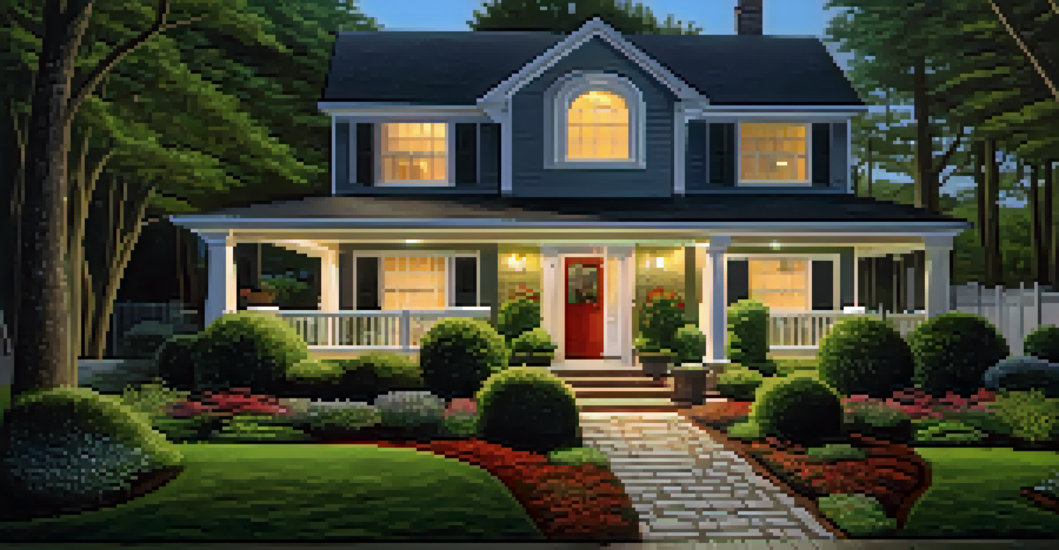 A house with motion-sensor lights and a secure front door, emphasizing home safety.