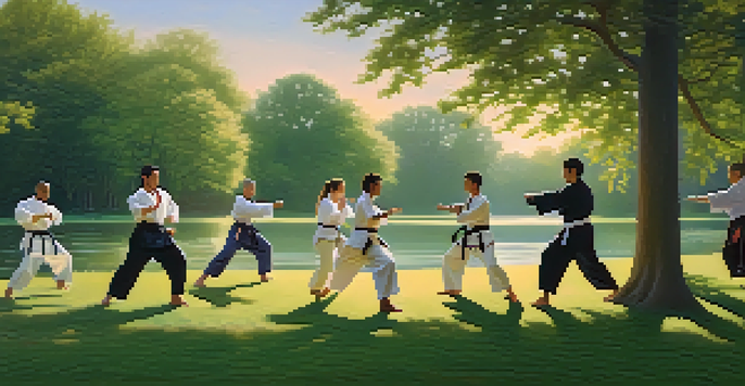 A diverse group of individuals practicing martial arts techniques in a park at dawn, surrounded by nature.
